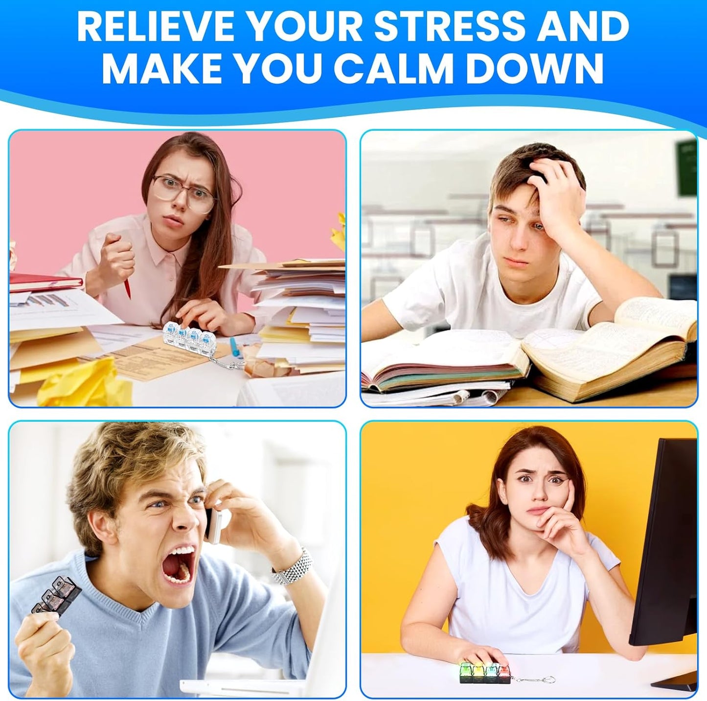 2 Pcs Keyboard Fidget Toy, Loud & Silent Fidget Keychain with LED Lights, Stress Relief Clicker Fidget Keyboard, Boost Focus and Calm Anxiety for Library Office Home